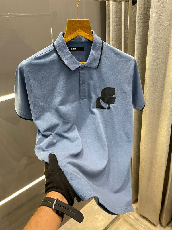 KARL LAGERFELD AIRFORCE BLUE PRINTED IMPORTED POLO T-SHIRT WITH BRAND BOX