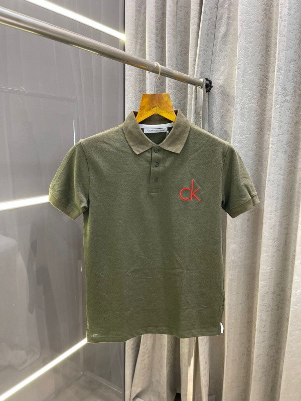 CLAVIN KLEIN OLIVE GREEN PRINTED PREMIUM POLO T-SHIRT WITH BRAND BOX ND CARRY BAG