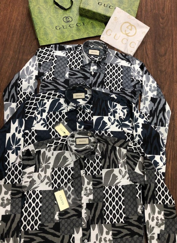 GUCC.I GREY MONOGRAM PRINT PREMIUM SHIRT WITH BRAND BOX ND CARRY BAG