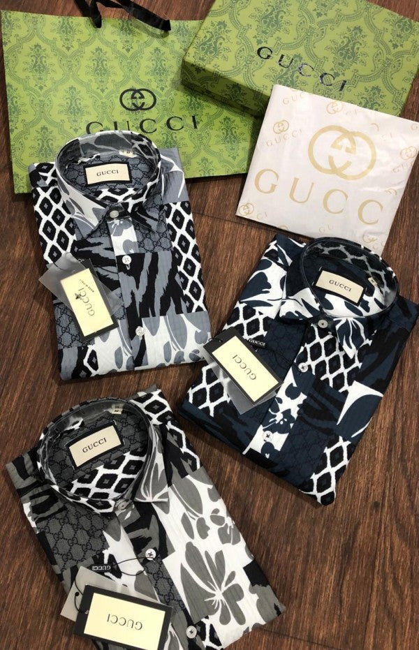 GUCC.I GREY MONOGRAM PRINT PREMIUM SHIRT WITH BRAND BOX ND CARRY BAG