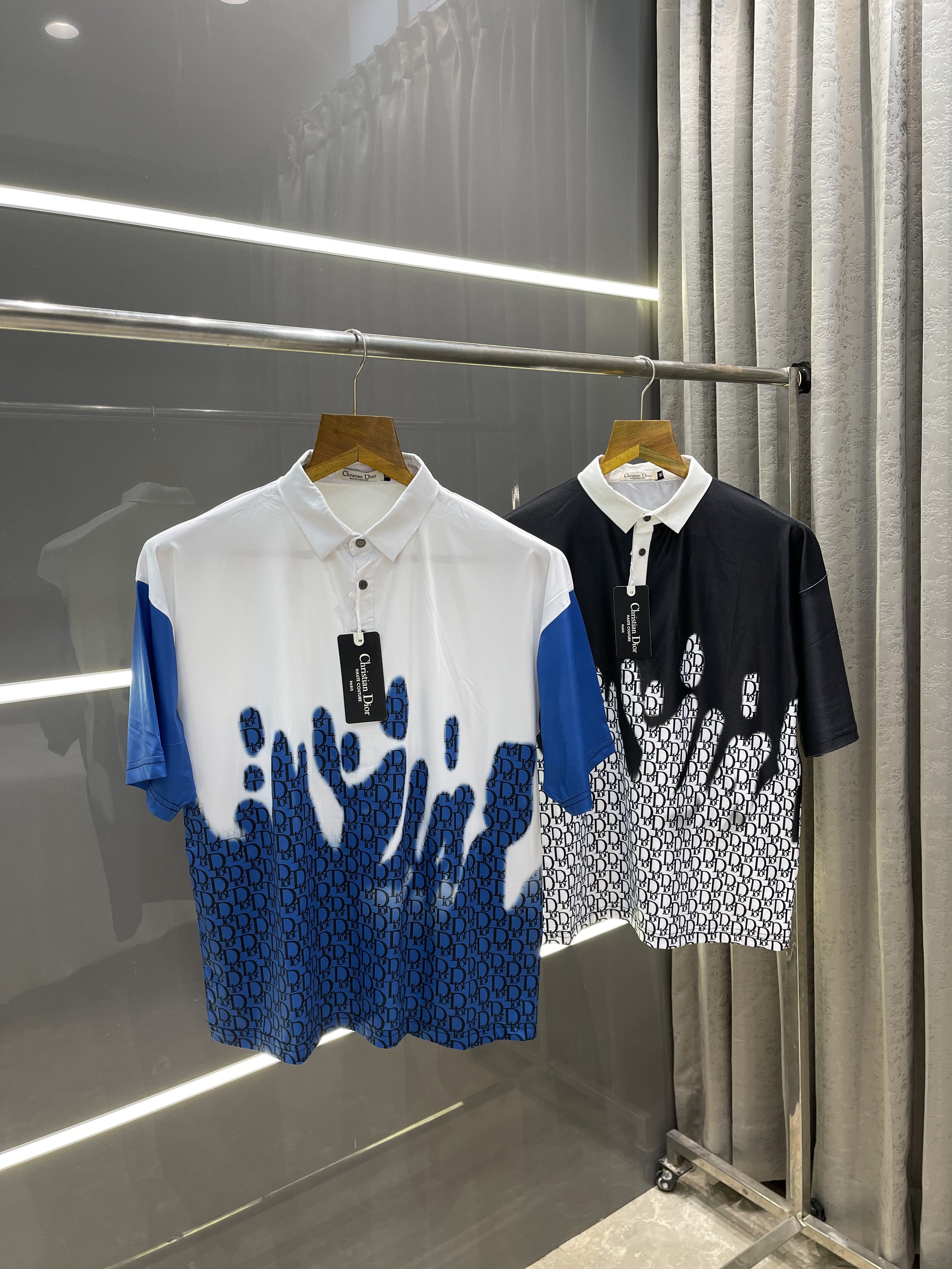 DIO.R BLACK WHITE MONOGRAM PRINT OVERSIZED POLO T-SHIRT