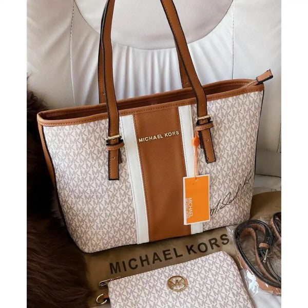 MICHEAL KOR S VOYAGER STRIPE WITH WHITE TOTE WITH POUCH & SLING BELT