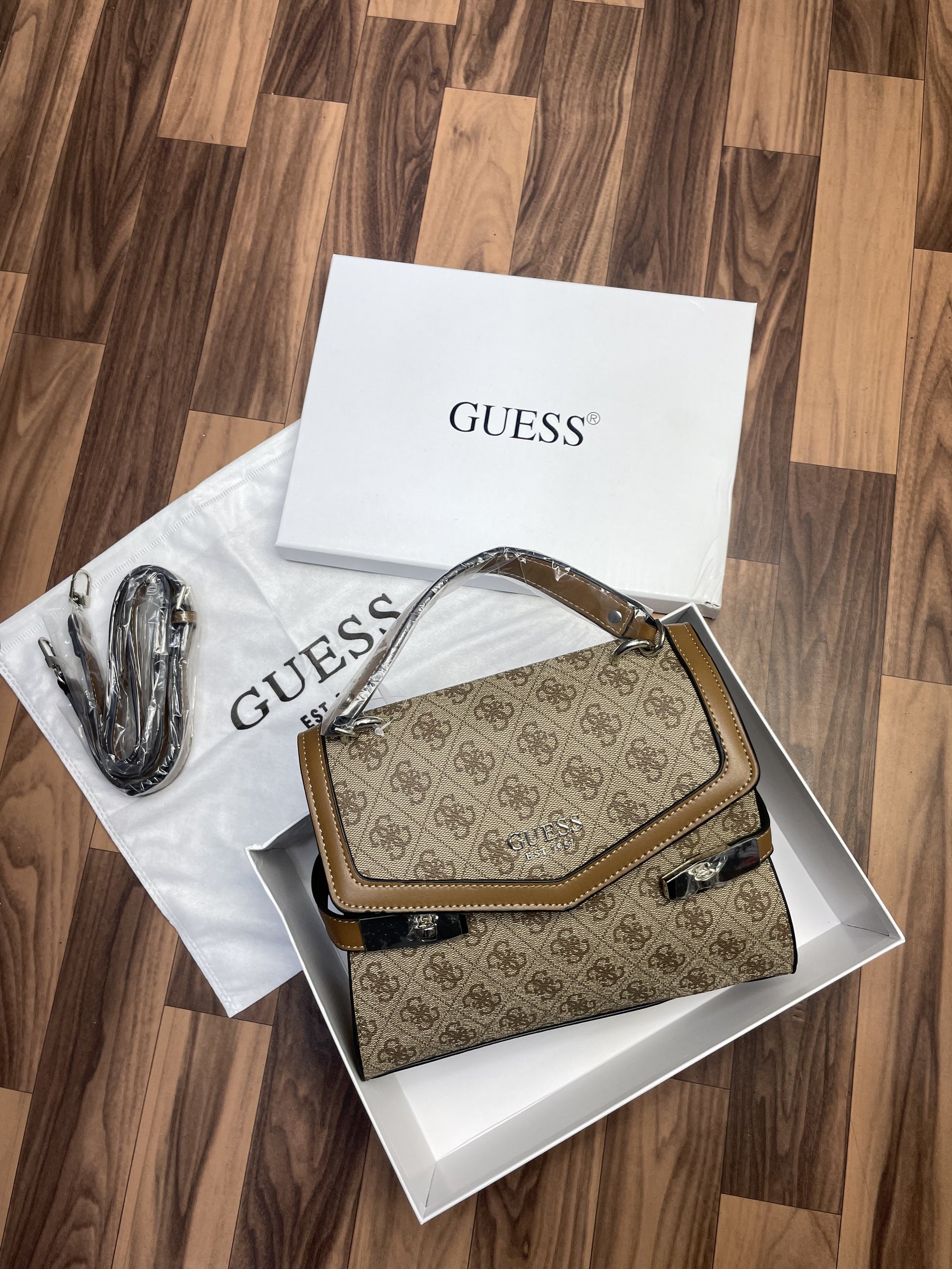 GUESS Zadie Logo Top Handle Flap Bag Powder Logo With Og box 303