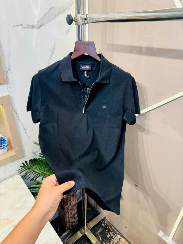 .CALVIN.KLEIN.IMPORTED.SOFT.COTTON.LYCRA.FABRIC.FRONT.EMBROIDERY.HALF.ZIPPER.POLO.NECK.TSHIRT.