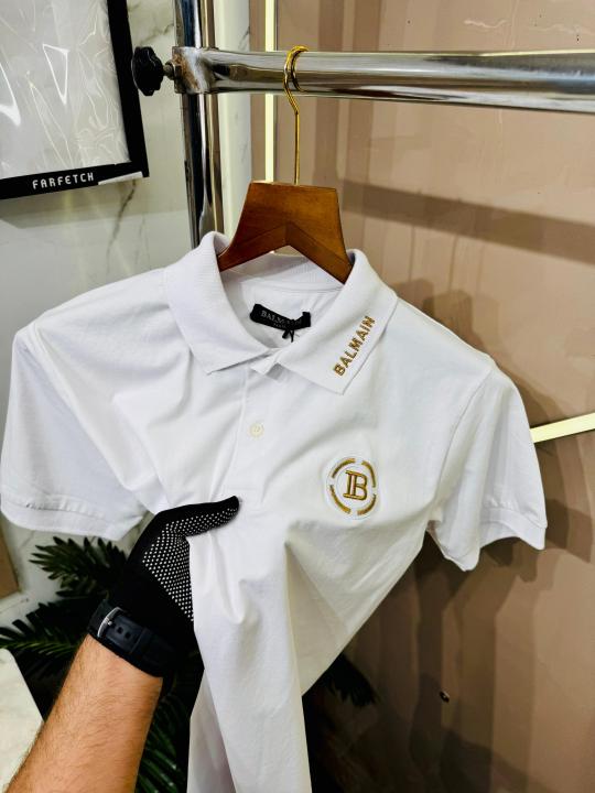 .BALMAIN.IMPORTED.MATTY.COTTON.LYCRA.FABRIC.FRONT.EMBROIDERY.VERY.PREMIUM.POLO.NECK.TSHIRT.