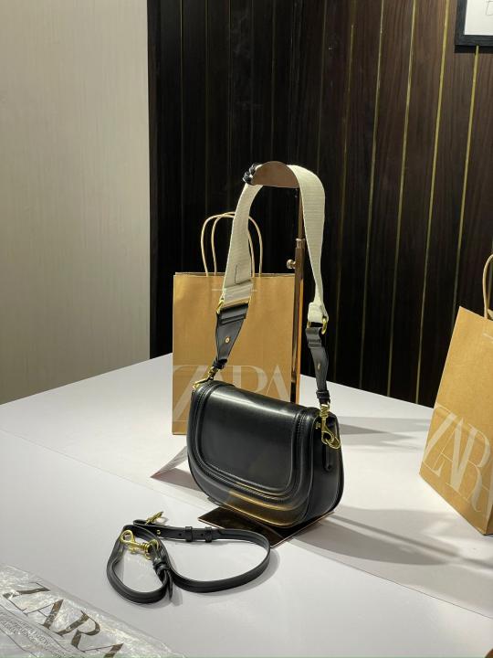 Zara saddle canvas broad strap crossbody bag with caryy bag(black)