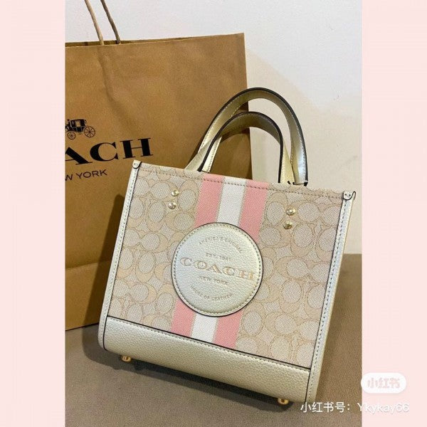Coach Dempsey Tote 22 In Signature Jacquard With Stripe And Coach Patch With OG Box & Dust Bag (Pink 5638)