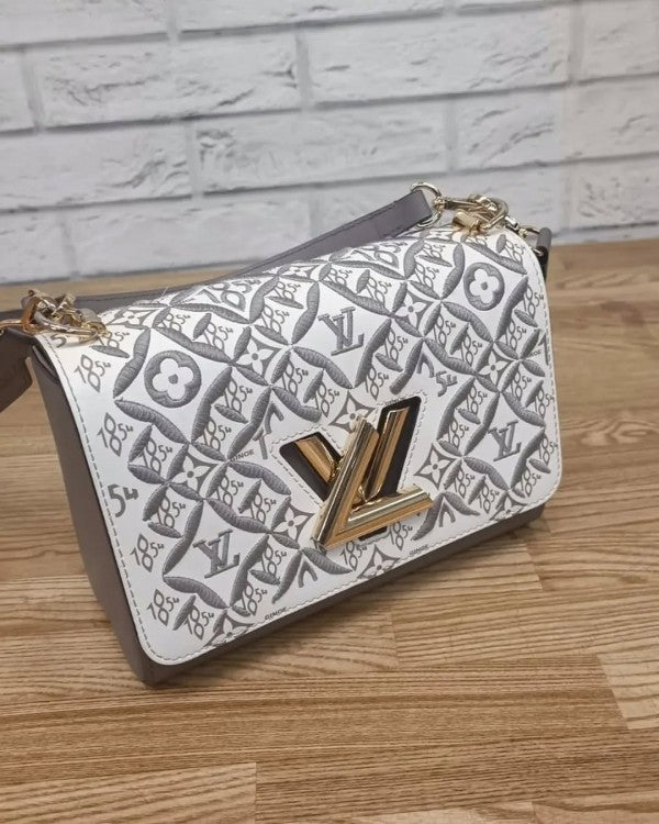 Louis Vuitton Embroidered Twist Logo Premium Double Box Bag With Shoulder Strap (45962 White Grey)