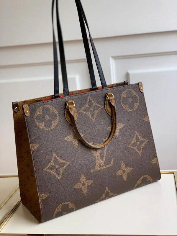 Louis Vuitton LV On The Go Monogram And Monogram Reverse Premium Leather Tote Bag With Dust Bag (Brown 43751)