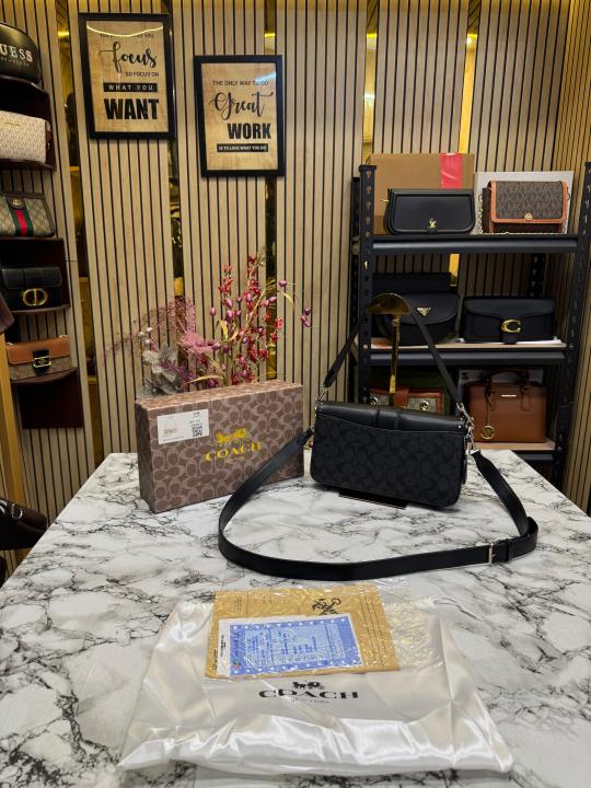COAC H GEORGIE SHOULDER BAG IN COLORBLOCK SIGNATURE CANVAS WITH RIVETS & OG BOX AND DUST BAG (BLACK)