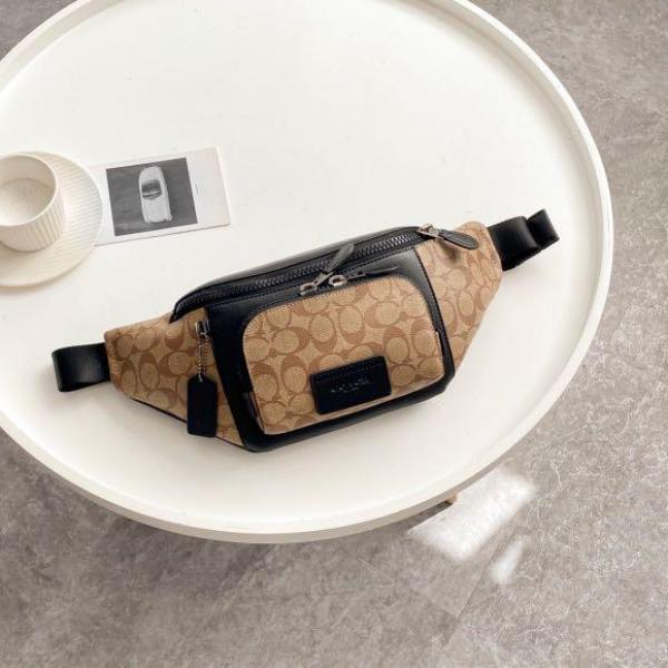 Coach Unisex Waist Pouch Track Belt Bag Signature Canvas Gunmetal Lock With Dust Bag (G1130 Apricot)