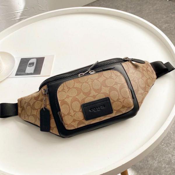 Coach Unisex Waist Pouch Track Belt Bag Signature Canvas Gunmetal Lock With Dust Bag (G1130 Apricot)