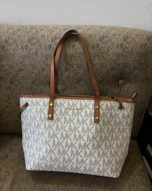 Michael Kors MK Voyager Tote Bag With Side Pocket & Dust Bag (Beige Brown 2003)