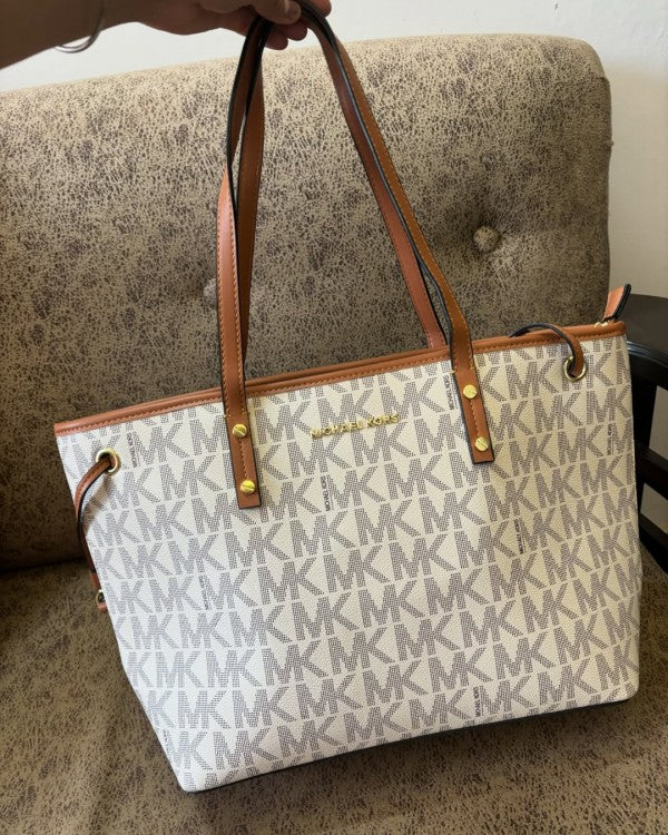 Michael Kors MK Voyager Tote Bag With Side Pocket & Dust Bag (Beige Brown 2003)