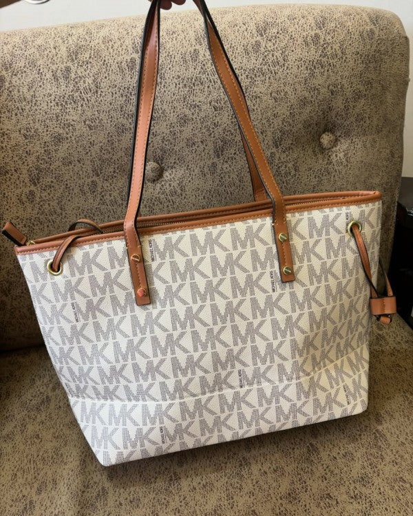 Michael Kors MK Voyager Tote Bag With Side Pocket & Dust Bag (Beige Brown 2003)