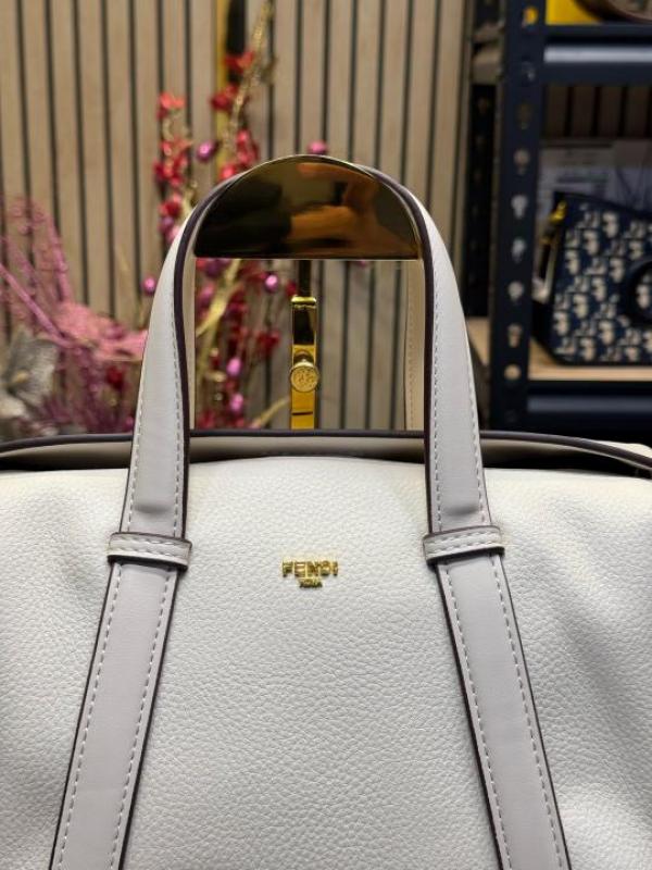 FEND I LEATHER BOWLING HANDBAG WITH SLING PREMIUM QUALITY WITH DUST BAG (WHITE)