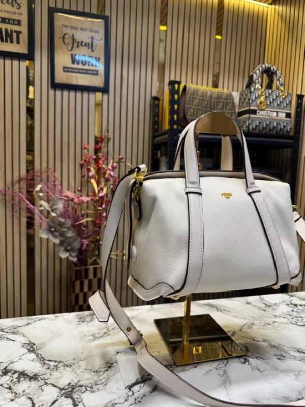 FEND I LEATHER BOWLING HANDBAG WITH SLING PREMIUM QUALITY WITH DUST BAG (WHITE)