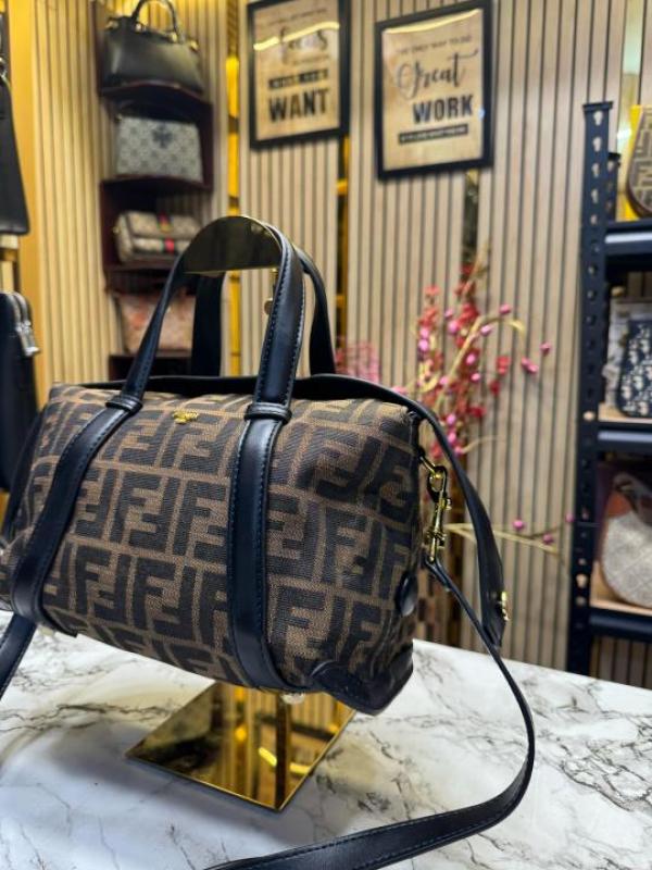 FEND I LEATHER BOWLING HANDBAG WITH SLING PREMIUM QUALITY WITH DUST BAG (COFFEE BLACK)