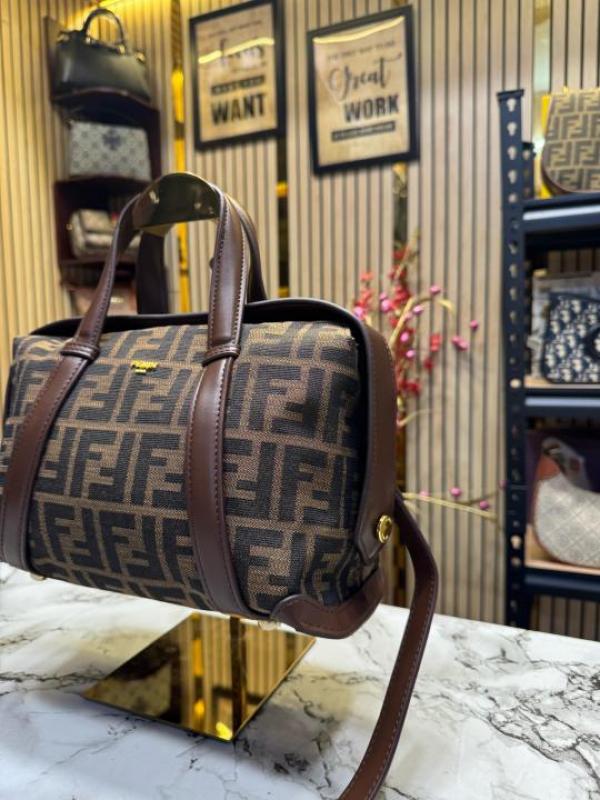 FEND I LEATHER BOWLING HANDBAG WITH SLING PREMIUM QUALITY WITH DUST BAG (COFFEE BROWN)