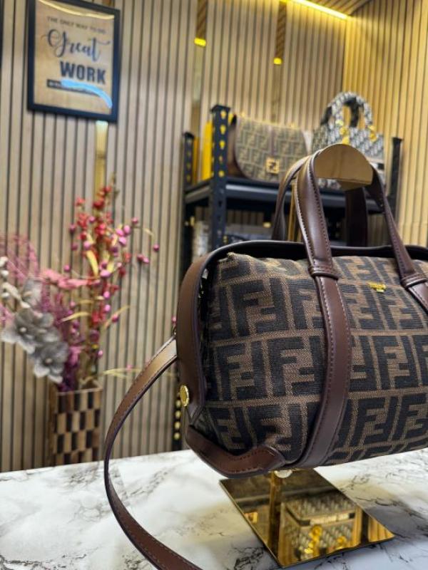 FEND I LEATHER BOWLING HANDBAG WITH SLING PREMIUM QUALITY WITH DUST BAG (COFFEE BROWN)