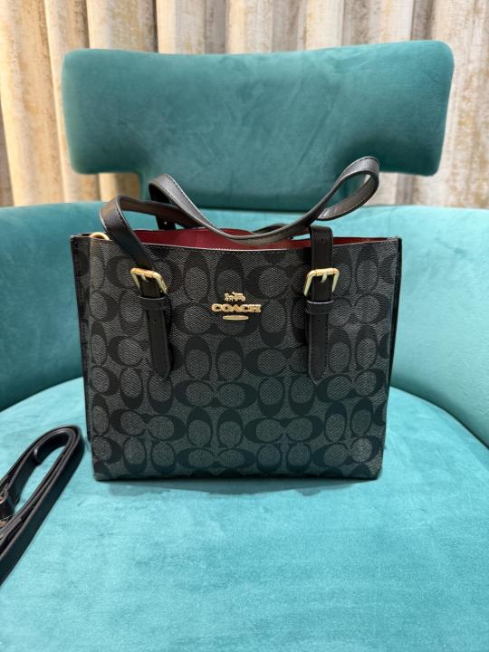 Coach Mollie Leather Tote Bag With Dust Bag & Shoulder Strap (C23021 Black Black)
