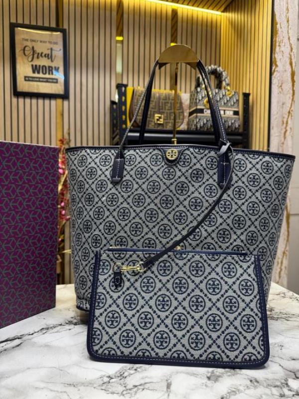 TORY BURC H MONOGRAM CANVAS TOTE WITH POUCH WITH OG BOX AND DUST BAG PREMIUM QUALITY (BLUE)
