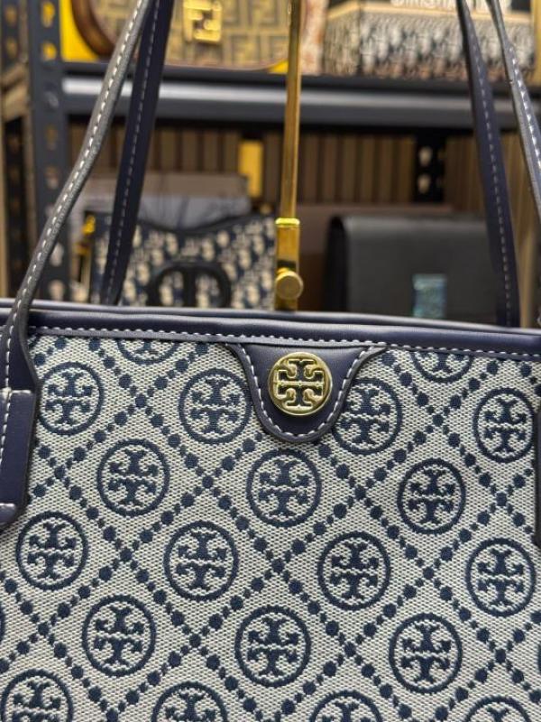 TORY BURC H MONOGRAM CANVAS TOTE WITH POUCH WITH OG BOX AND DUST BAG PREMIUM QUALITY (BLUE)