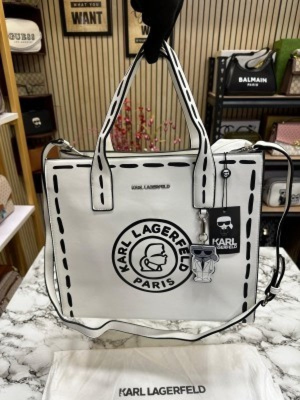 KARL LAGERFELD PARIS NOUVEAU LEATHER TOTE WITH DUST BAG PREMIUM QUALITY (WHITE)