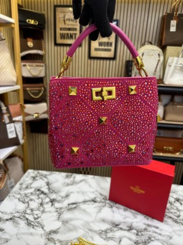 VALENTIN O RHINESTONE LAVIE HANDBAG WITH BOX CARD DUST BAG (PINK)