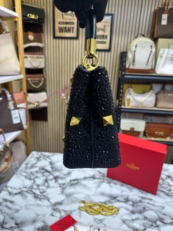 VALENTIN O RHINESTONE LAVIE HANDBAG WITH BOX CARD DUST BAG (BLACK)