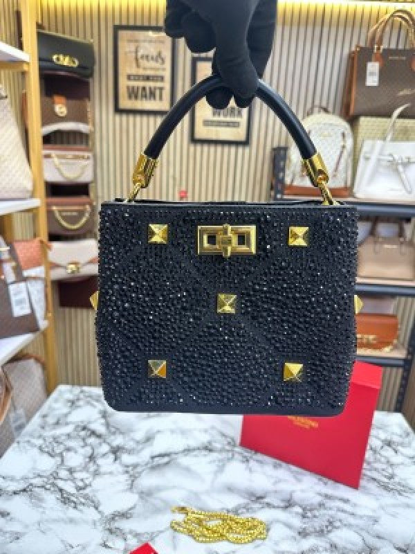 VALENTIN O RHINESTONE LAVIE HANDBAG WITH BOX CARD DUST BAG (BLACK)