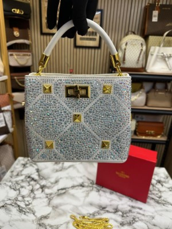 VALENTIN O RHINESTONE LAVIE HANDBAG WITH BOX CARD DUST BAG (WHITE)
