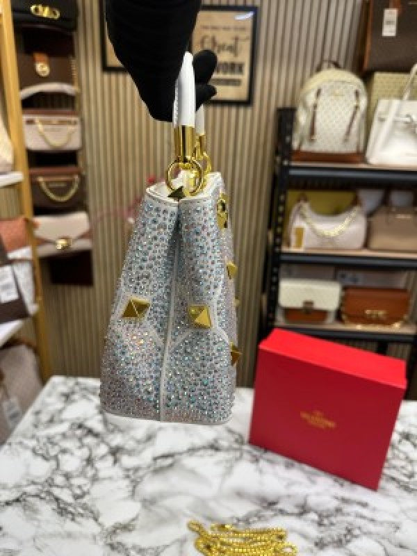 VALENTIN O RHINESTONE LAVIE HANDBAG WITH BOX CARD DUST BAG (WHITE)