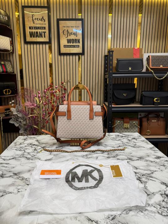 Michael Kors Signature Carmen Flap Leather Satchel Handbag (Beige)