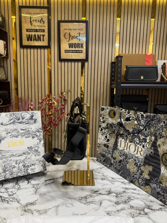 Christian Dior D Joy Pearl Patent Handbag With Box And Dust Bag Including CarryBag (Black)