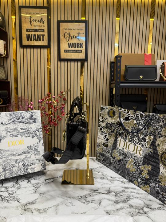 Christian Dior D Joy Pearl Patent Handbag With Box And Dust Bag Including CarryBag (Black)