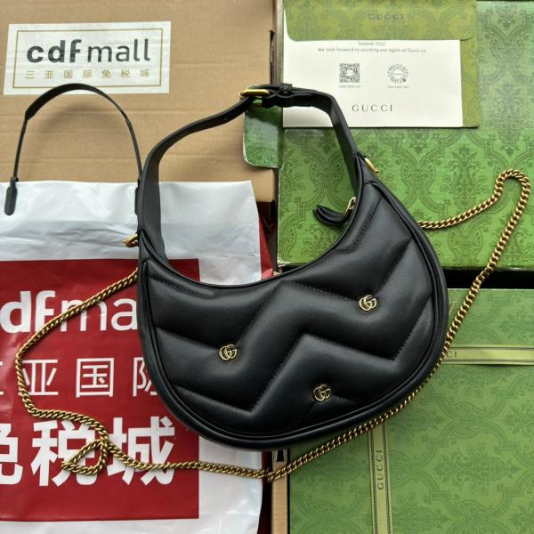 Gucci GG Marmont Half Moon Shaped Black Calfskin Gold Hardware Black 770983 With OG Red Box & Dust Bag