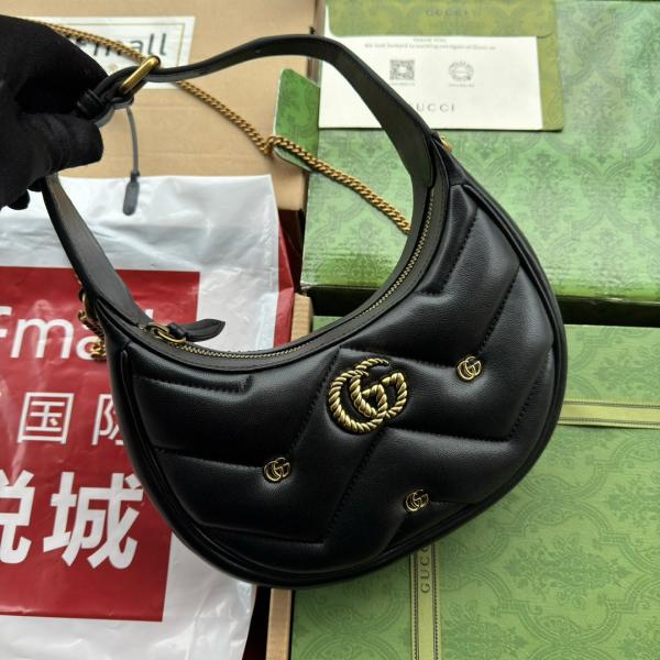 Gucci GG Marmont Half Moon Shaped Black Calfskin Gold Hardware Black 770983 With OG Red Box & Dust Bag