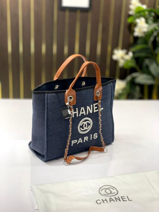 chanel deauville pearl canvas tote bag(966 4 blue)