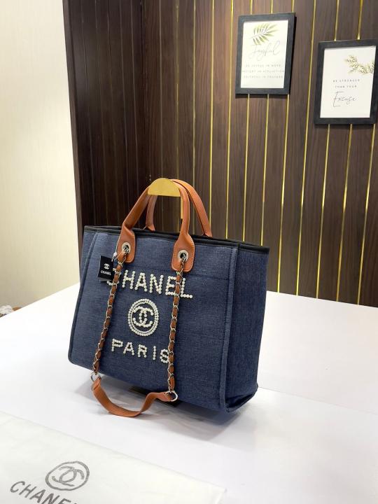 chanel deauville pearl canvas tote bag(966 4 blue)