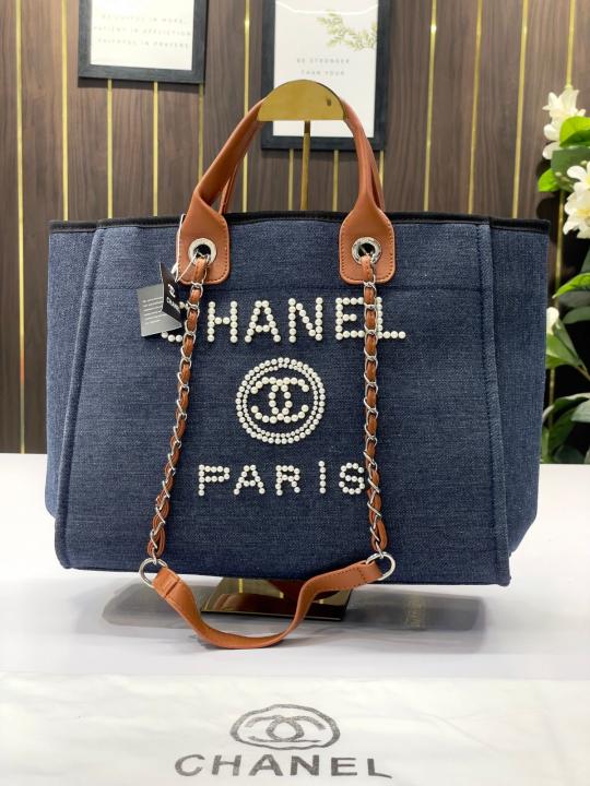 chanel deauville pearl canvas tote bag(966 4 blue)