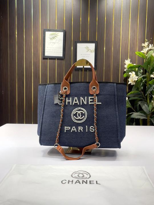 chanel deauville pearl canvas tote bag(966 4 blue)