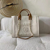 chanel deauville pearl canvas tote bag(966 4 biege)