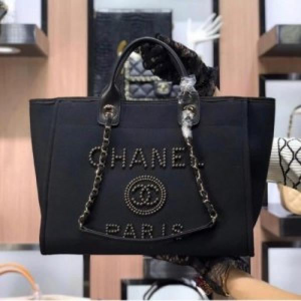 chanel deauville pearl canvas tote bag(966 4 black)