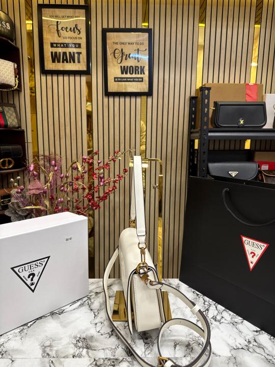 Guess Womens Eco Mietta Flap Shoulder Bag with box and dust bag including carry bag (White)