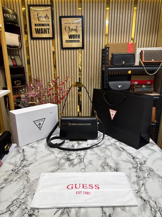 Guess Womens Eco Mietta Flap Shoulder Bag with box and dust bag including carry bag (Black)