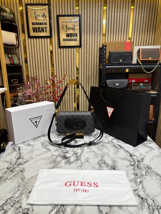 Guess Womens Eco Mietta Flap Shoulder Bag with box and dust bag including carry bag (Black Black)