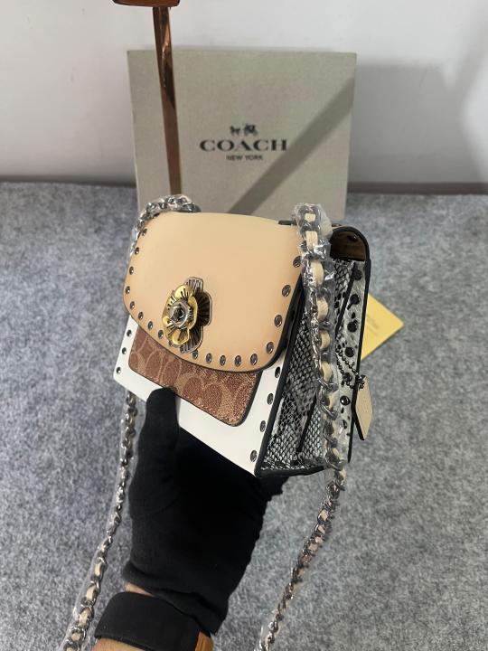Coach Parker Studded Premium Shoulder Bag With OG Box & Dust Bag (Beige 28032)