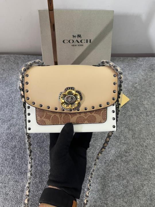 Coach Parker Studded Premium Shoulder Bag With OG Box & Dust Bag (Beige 28032)