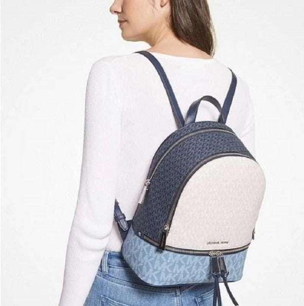 Michael Kors Rhea Medium Color Block Brown Logo Backpack Blue With Dust Bag 1005